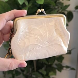 Patricia Nash White Tooled Leather Twistlock Coin Purse Pouch